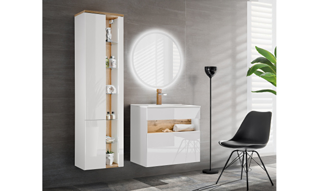 Koupelnový nábytek Barguil sestava A, wotan/bílý lesk + umyvadlo + zrcadlo LED