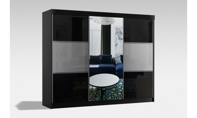 Velká šatní skřín Retina 250cm, černá/šedá + zrcadlo