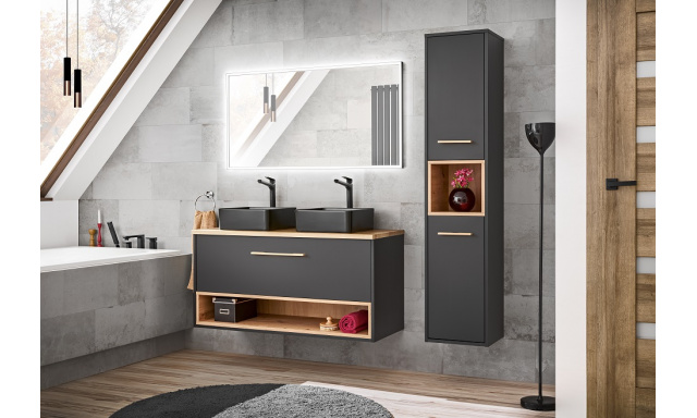 Koupelnový nábytek Birke sestava D, artisan/šedá + umyvadlo + zrcadlo LED