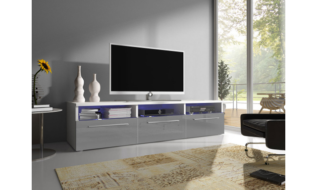 Moderní TV stolek Rabia 150, bílá/šedý lesk + LED