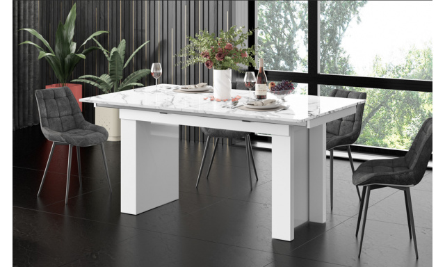 Jídelní stůl Margo- rozklad od 170 cm do 410 cm, deska Marble White lesk/ nohy bílý lesk