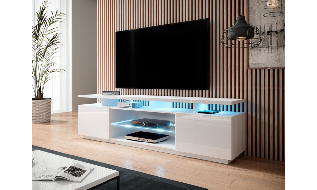 Kvalitní TV stolek Eremko, MDF bílý lesk + LED podsvícení